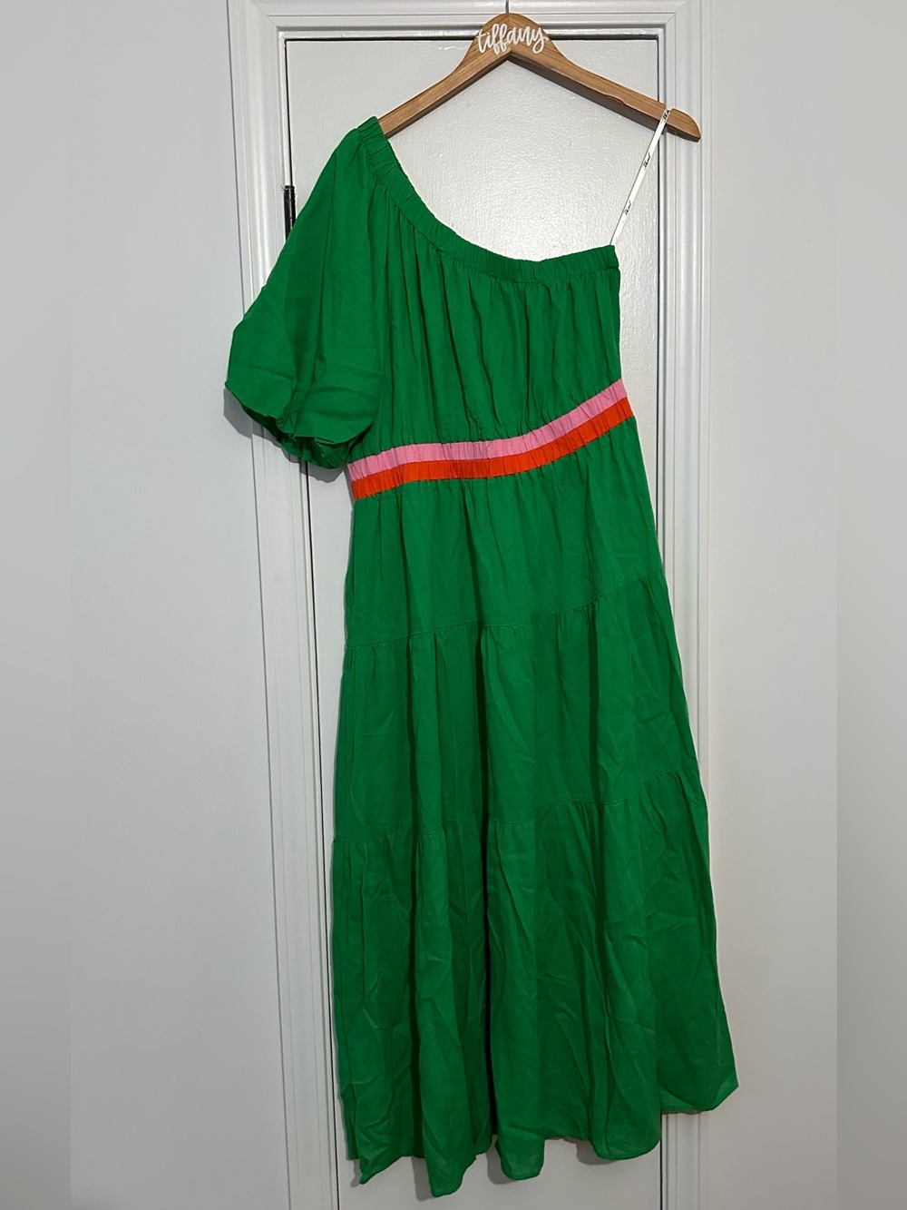 THML Green One-Shoulder Maxi Dress with Pink and Orange Trim
